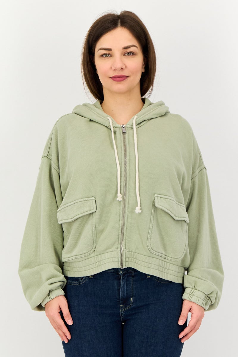 Aerie Women Hooded Plain Long Sleeve Sweatshirt, Sage - Image 1
