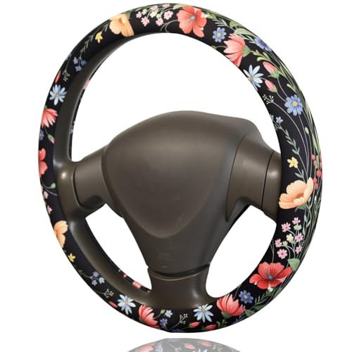 BDFHYK Watercolor Wildflower Steering Wheel Cover for 14515 Inch 3738 cm Wheels Premium Fabric with NonSlip Rubber Inner Ring - Image 1
