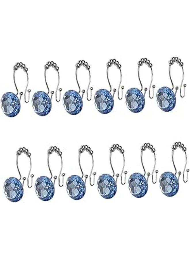 Blue Rhinestone Shower Curtain Hooks 12PCS Stainless Steel Glide Rings Easy Swapping - Image 1