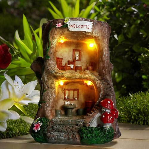 BEXLEYBAY Solar Light Gnome Fairy House Outdoor Statues Big Size Elf Miniature Buildings House Sculptures for Outdoor Garden Patio Lawn Path Decorations 8 Tall