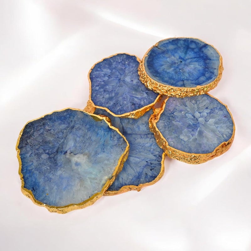POSHIO® POSHIO Coasters Set of 5 Agate Stone Coaster Table Decor Accessories Beautiful Coasters Gift Set Easy Fit for Mugs Glasses Small Bowls Blue - Image 1