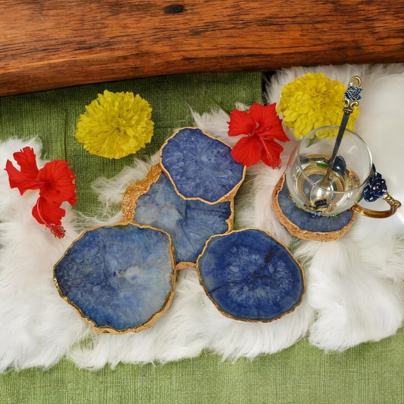 POSHIO® POSHIO Coasters Set of 5 Agate Stone Coaster Table Decor Accessories Beautiful Coasters Gift Set Easy Fit for Mugs Glasses Small Bowls Blue - Image 4
