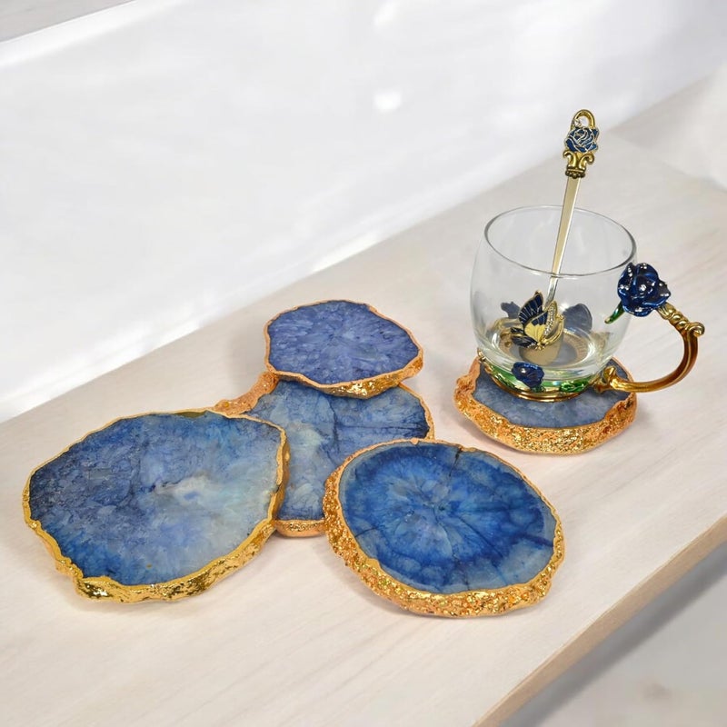 POSHIO® POSHIO Coasters Set of 5 Agate Stone Coaster Table Decor Accessories Beautiful Coasters Gift Set Easy Fit for Mugs Glasses Small Bowls Blue - Image 3