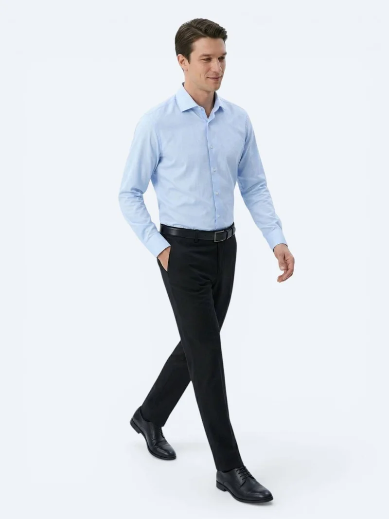 Kip Light Blue Regular Fit Long Weaving Classical Cotton Blended Shirt