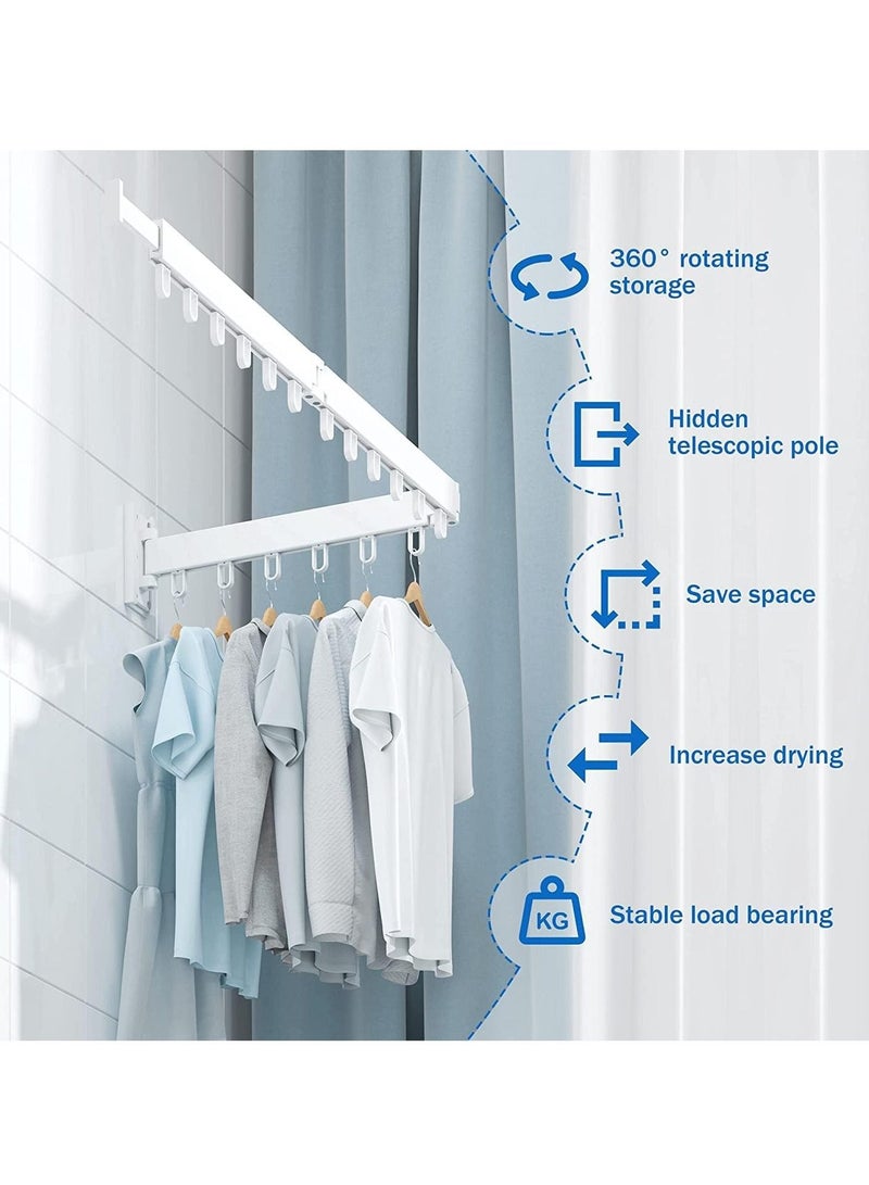 KASTWAVE Clothes Hanger Rack, Wall Mounted Clothes Drying Rack, Collapsible Retractable Laundry Clothes Rack Wall Mount, Drying Rack with Windproof Ring Hooks White  - Image 3