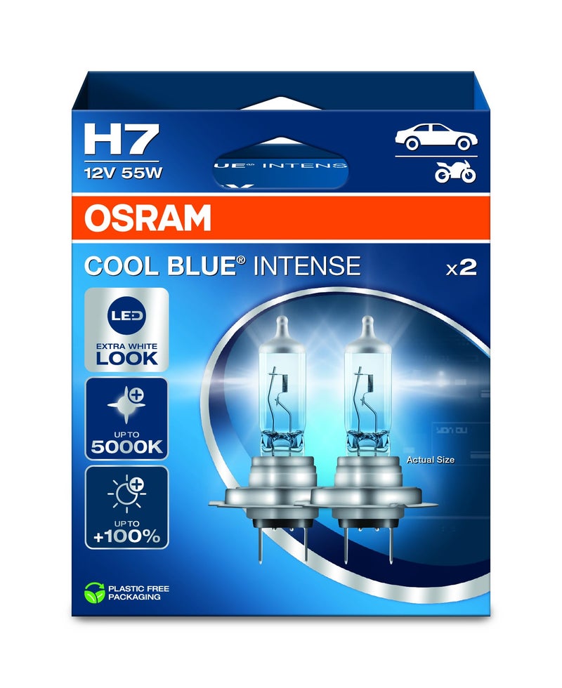 Osram OSRAM COOL BLUE® INTENSE H7, 100% more brightness, up to 5,000K, halogen headlight lamp, LED look, Hanging folding box (2 lamps)  - Image 1