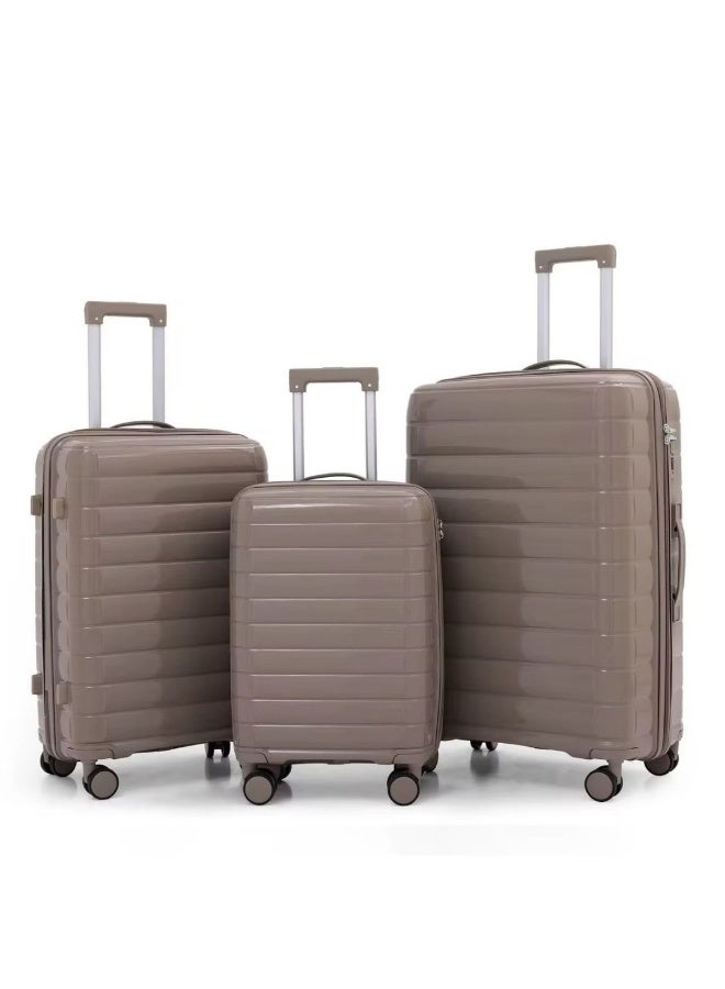 طقم حقائب سفر من ثلاث قطع، مصنوع من مادة البولي بروبيلين الصلبة - حقيبة سفر خفيفة الوزن غير قابلة للكسر مزودة بعجلات دوارة 360 درجة ومقبض ألومنيوم ناعم - حقائب سفر بعجلات، متوسطة وكبيرة الحجم، مناسبة لحملها داخل المقصورة