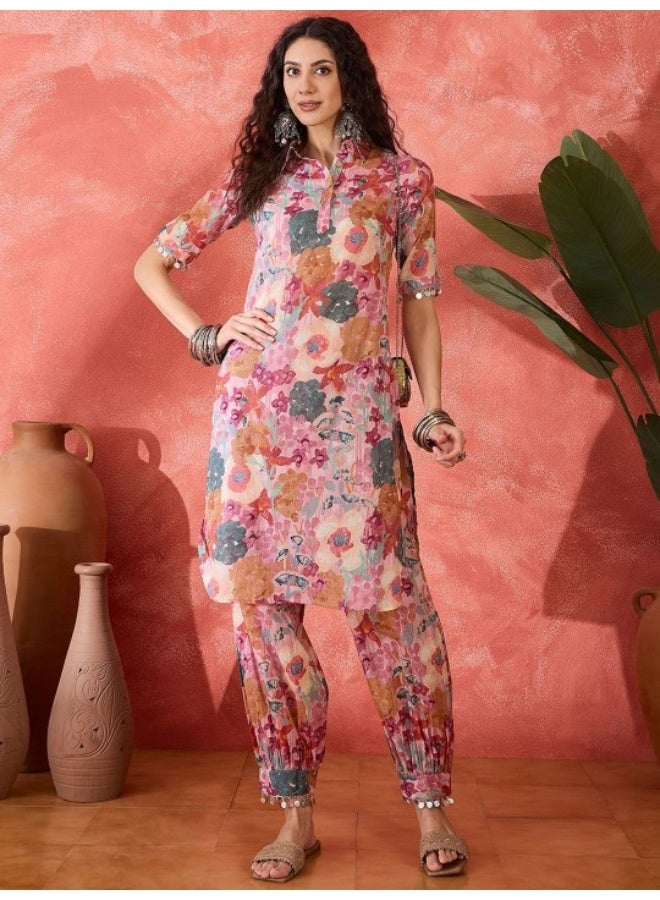 أيه كيه إس طقم كورتا باثاني بنقوش زهور مصقولة - Image 1