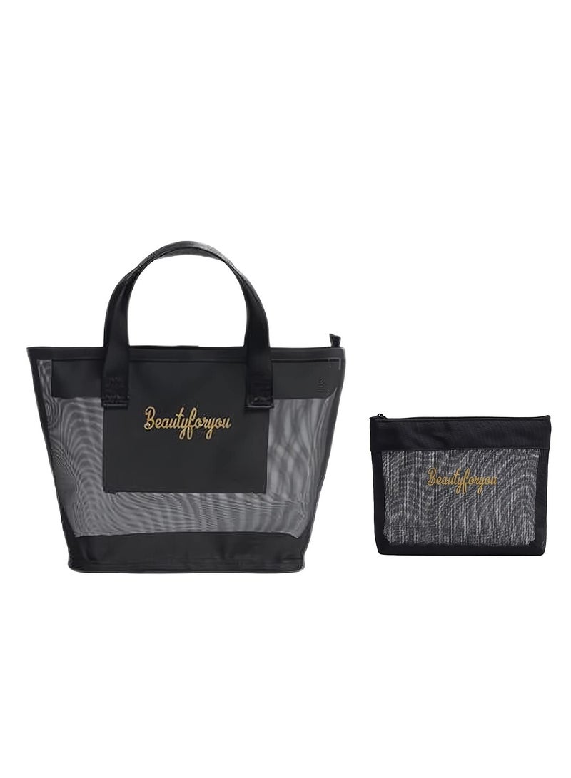 SYOSI 2 Pcs Mesh Cosmetic Makeup Bags for Women Thickened Zippered Handbag 1 Built In Zipper Pouch Suitable for Travel Bag Storage Bag Black  - Image 1