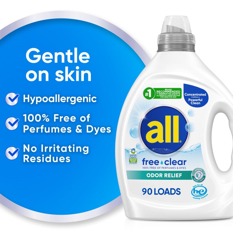 all Laundry Detergent Liquid, Free Clear for Sensitive Skin, Odor Relief, Unscented and Hypoallergenic, 2X Concentrated, 90 Loads - Image 3