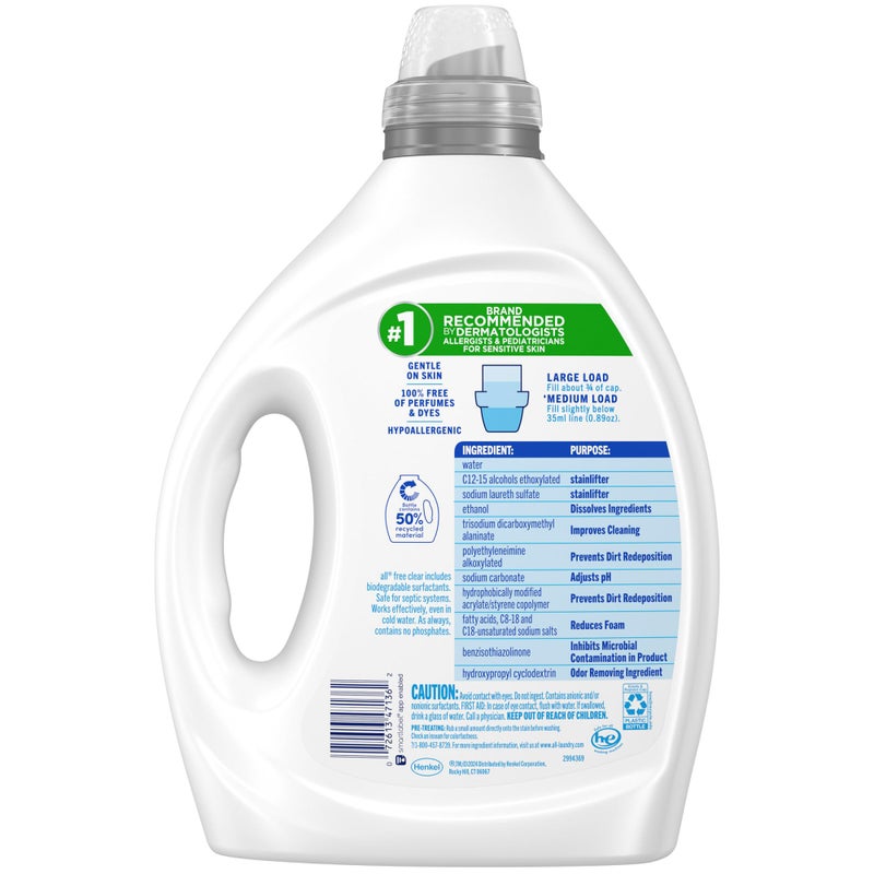 all Laundry Detergent Liquid, Free Clear for Sensitive Skin, Odor Relief, Unscented and Hypoallergenic, 2X Concentrated, 90 Loads - Image 5