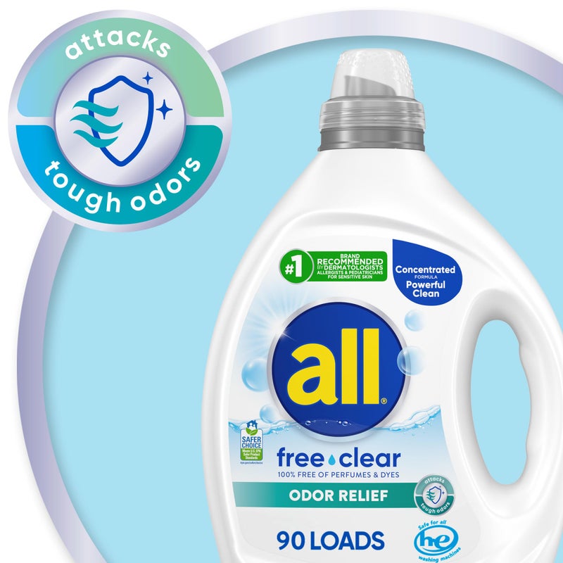 all Laundry Detergent Liquid, Free Clear for Sensitive Skin, Odor Relief, Unscented and Hypoallergenic, 2X Concentrated, 90 Loads - Image 2