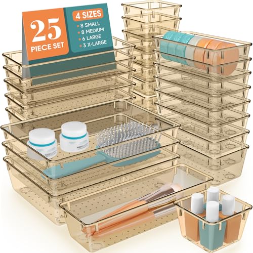 WOWBOX 25 PCS Plastic Drawer Organizer Set, 4 Sizes Desk Drawer Divider Organizers and Storage Bins for Makeup, Jewelry, Gadgets for Kitchen, Bedroom, Bathroom, Office, Clear Champagne - Image 1