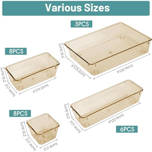 WOWBOX 25 PCS Plastic Drawer Organizer Set, 4 Sizes Desk Drawer Divider Organizers and Storage Bins for Makeup, Jewelry, Gadgets for Kitchen, Bedroom, Bathroom, Office, Clear Champagne - Image 2