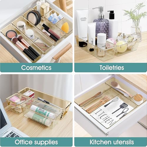 WOWBOX 25 PCS Plastic Drawer Organizer Set, 4 Sizes Desk Drawer Divider Organizers and Storage Bins for Makeup, Jewelry, Gadgets for Kitchen, Bedroom, Bathroom, Office, Clear Champagne - Image 5