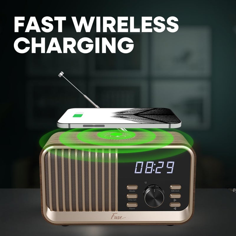 Fuse Hark Bluetooth Radio Speaker | Wireless 10W Charger | FM Radio Speaker with Bluetooth & AUX Input | Alarm Clock | 3 Level Dimmer | Charging Block Included - Image 3