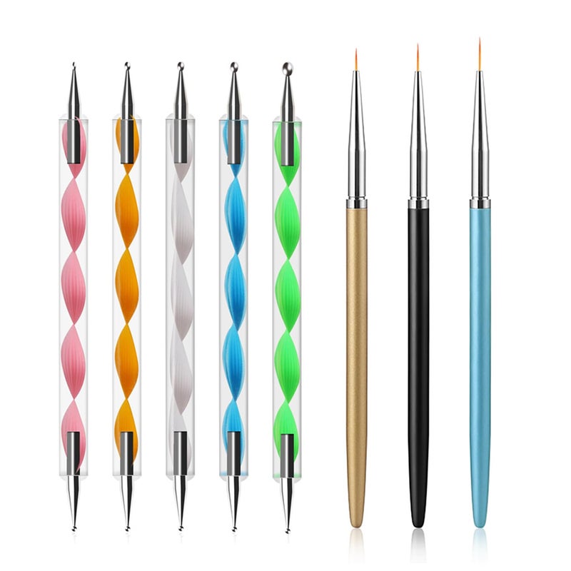 HomTop Nail Dotting Tools Set â€“ 5PCS Dual-Ended Dotting Pens & 3PCS Nail Art Brushes for DIY Nail Art, Painting & Design - Image 1