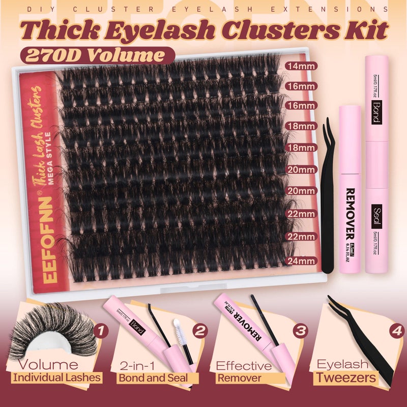 Eefofnn Fluffy Lash Clusters Kit Dramatic 270D Cluster Eyelash Extensions Kit 14-24mm Long Eyelash Clusters Kit Thick Volume Individual Lashes Bond and Seal Remover Tweezers Mega Lash Extension Kit by Eefofnn - Image 4