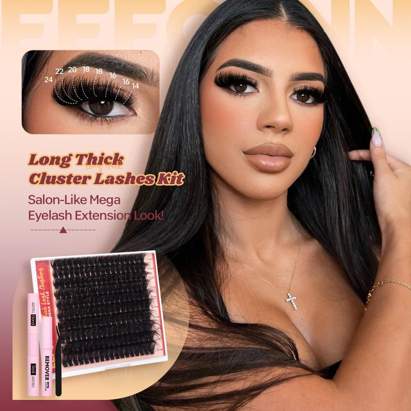 Eefofnn Fluffy Lash Clusters Kit Dramatic 270D Cluster Eyelash Extensions Kit 14-24mm Long Eyelash Clusters Kit Thick Volume Individual Lashes Bond and Seal Remover Tweezers Mega Lash Extension Kit by Eefofnn - Image 2