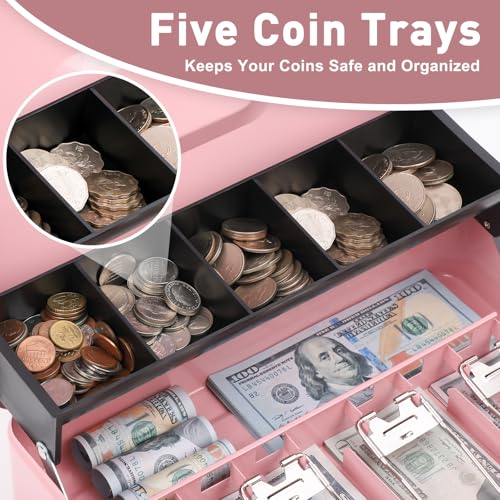 Kyodoled Locking Money Box with Combination Lock, Metal Cash Box with Money Tray, Cash Register,5 Compartments Cantilever Tray 4 Spring Loaded Clips,11.81Lx 9.45Wx 3.54H Inches Pink X Large - Image 3
