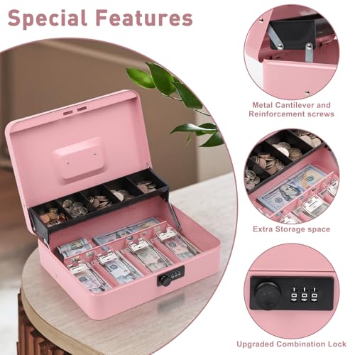 Kyodoled Locking Money Box with Combination Lock, Metal Cash Box with Money Tray, Cash Register,5 Compartments Cantilever Tray 4 Spring Loaded Clips,11.81Lx 9.45Wx 3.54H Inches Pink X Large - Image 5