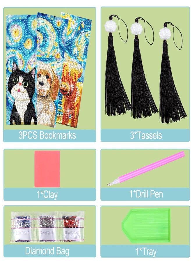 Anseal 3 Pcs 5D Diamond Art Bookmarks for Book Lovers, Cute Animal Rhinestone PU Leather Diamond Crafts Bookmarks for Women Girls, Tassel Beaded Book Mark for Graduation Birthday Reading Present - Image 4