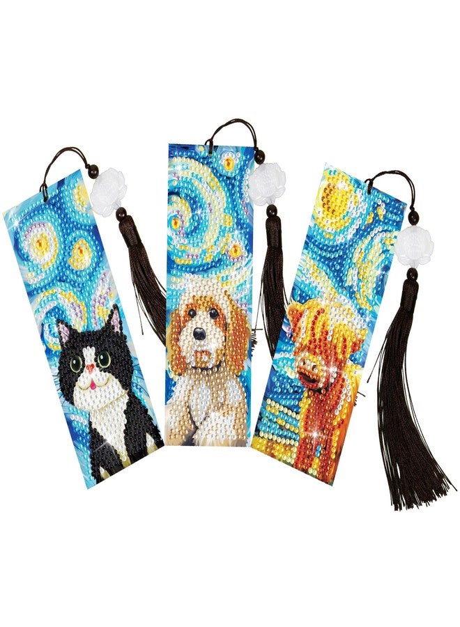 Anseal 3 Pcs 5D Diamond Art Bookmarks for Book Lovers, Cute Animal Rhinestone PU Leather Diamond Crafts Bookmarks for Women Girls, Tassel Beaded Book Mark for Graduation Birthday Reading Present - Image 1