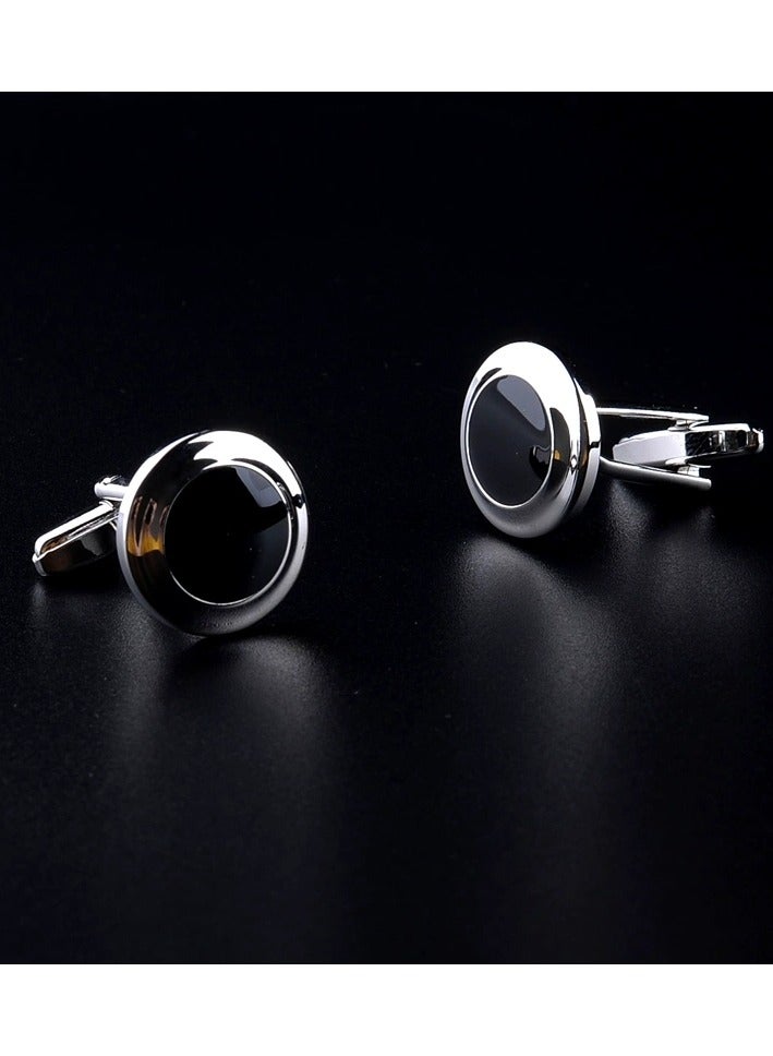 Gold Silver Frame Black Round Cufflinks, 2 PCS in One Set Alloy Jewelry Specially Design for Men's Shirt Wedding Business Gift with Delicate Package Box, 2 Colors for Selection  - Image 2