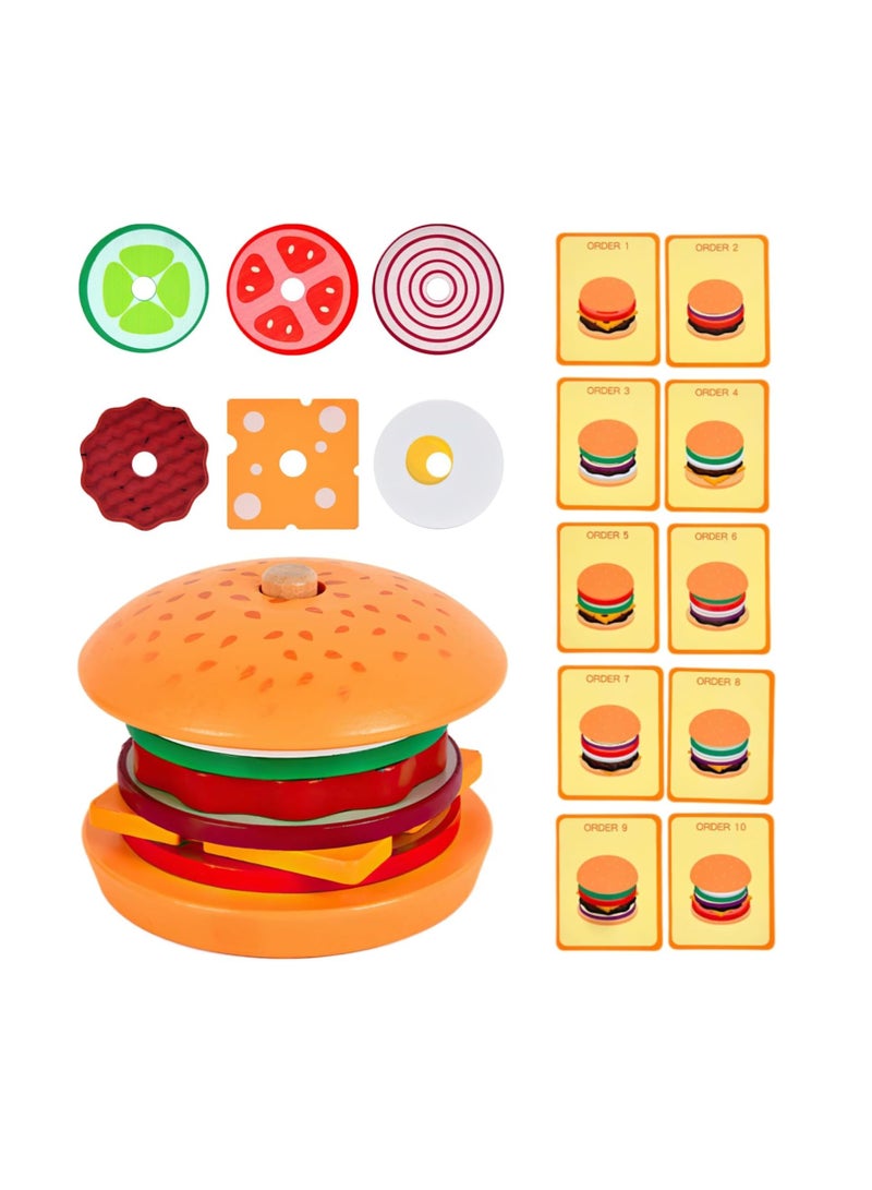 Wooden Stacking Toys for Kids, Pretend Food Toys for Toddlers, Montessori Toys for 3 Year Olds, Preschool Educational Toys for Developing Fine Motor Skills (Burger) - Image 1