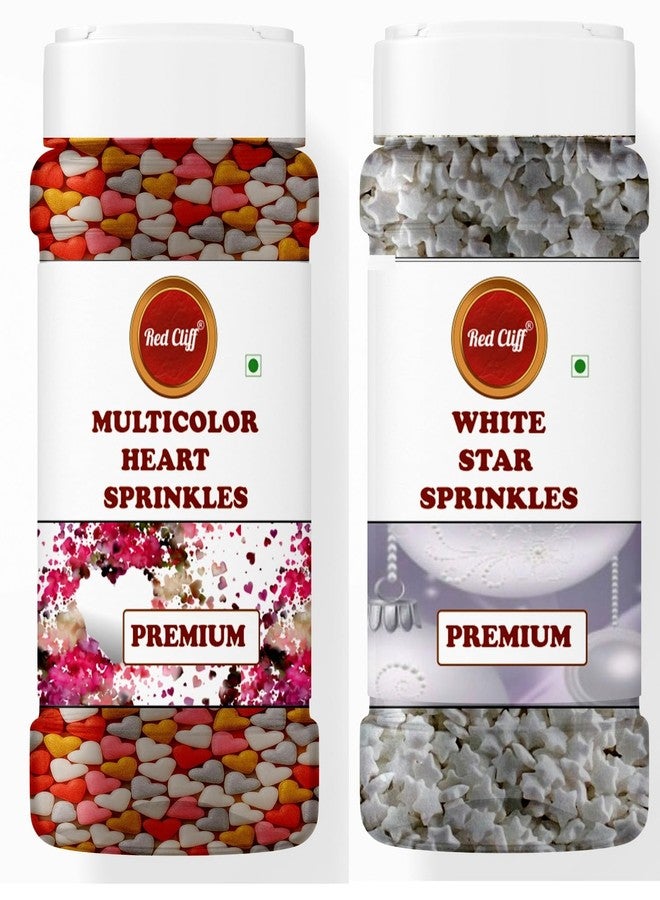 RED CLIFF Edible Multicolour Heart+White Star Shape Sprinkles | Metallic Dessert Toppings for Cakes, Cupcakes, Ice Cream & Sweets | Edible Decorative Sugar Sprinkles | Ideal for Baking & Festive Garnishing | 100gx2 | Pack of 2 - Image 1