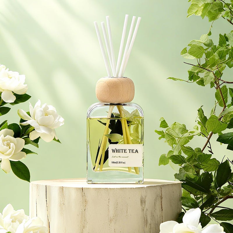 ناشرات القصب بالشاي الأبيض للمنزل، 100 مل (3.38 أونصة) علاج عطري للاسترخاء ومنعش للهواء. مثالية للمنزل، الحمام، المكتب وديكور الغرفة، رائحة نباتية مهدئة - Image 2