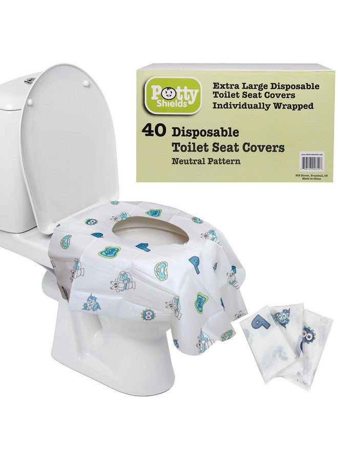 Potty Shields أغطية مقاعد المرحاض القابلة للتصرف (40 عبوة) - غطاء مرحاض XL مقاوم للماء للأطفال، والكبار - محمول ومغلف بشكل فردي للسفر، وتدريب الأطفال، والعطلات، والحمامات العامة - Image 1