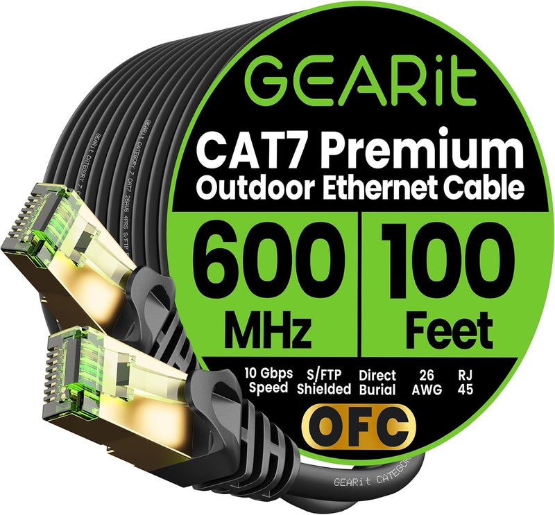 GearIT Cat7 Outdoor Ethernet Cable (100ft) SFTP Shielded Foil Twisted Pair, Pure Copper, LLDPE, Waterproof, Direct Burial, In-Ground, UV Resistant, POE, Network, LAN, Internet, Cat 7-100 Feet - Image 1