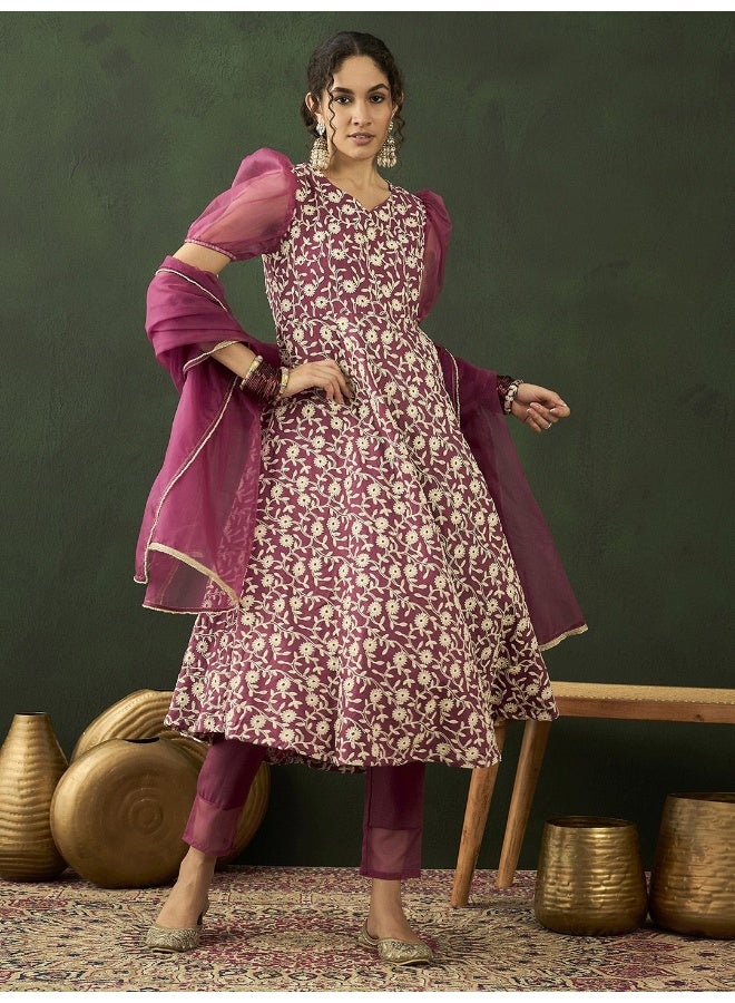 AKS Floral Embroidered Puffed Sleeves Organza Kurta with Trousers & Dupatta  - Image 1