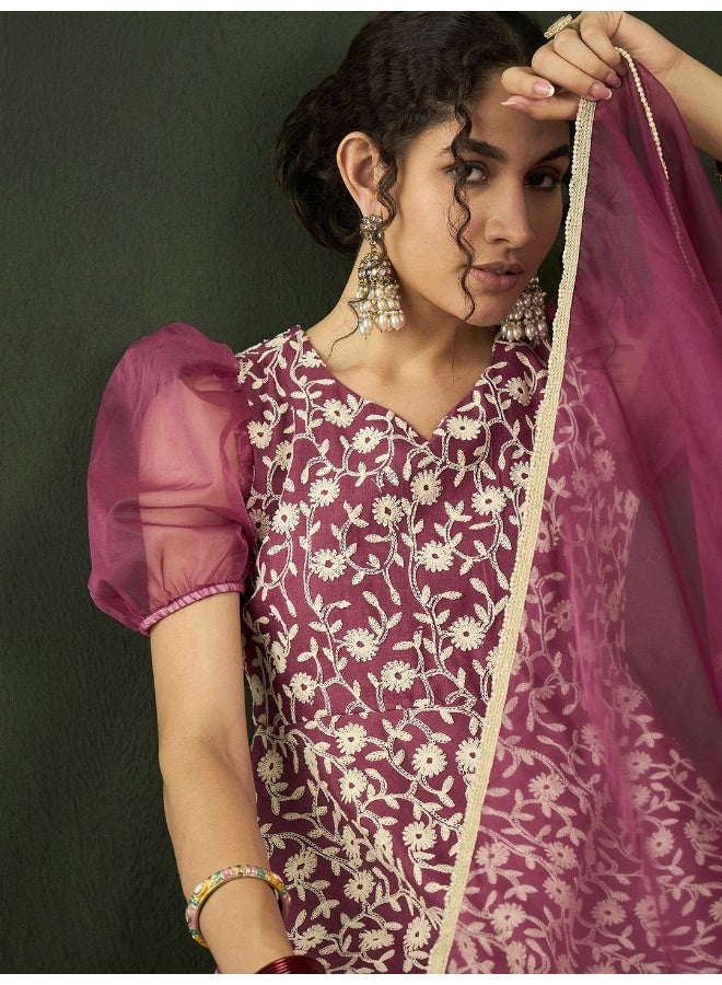AKS Floral Embroidered Puffed Sleeves Organza Kurta with Trousers & Dupatta  - Image 2