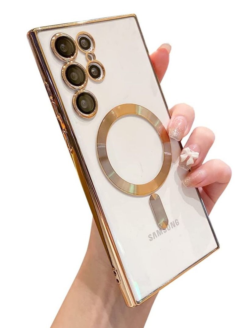for Samsung Galaxy S23 Ultra Case Magnetic Clear with Camera Lens Protector Full Protection MagSafe Electroplated Silicone Slim Fit Shockproof Protective Case Cover - Gold  - Image 1