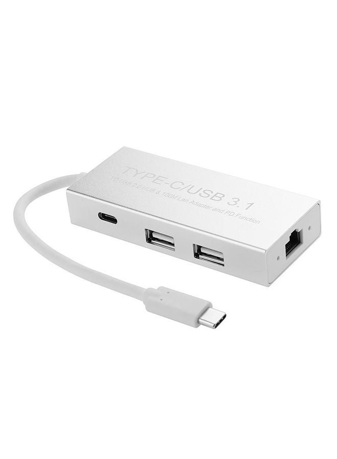 NIBEMINENT Type-C To USB 2.0 Ethernet LAN USB-C PD Charging HUB Adapter White