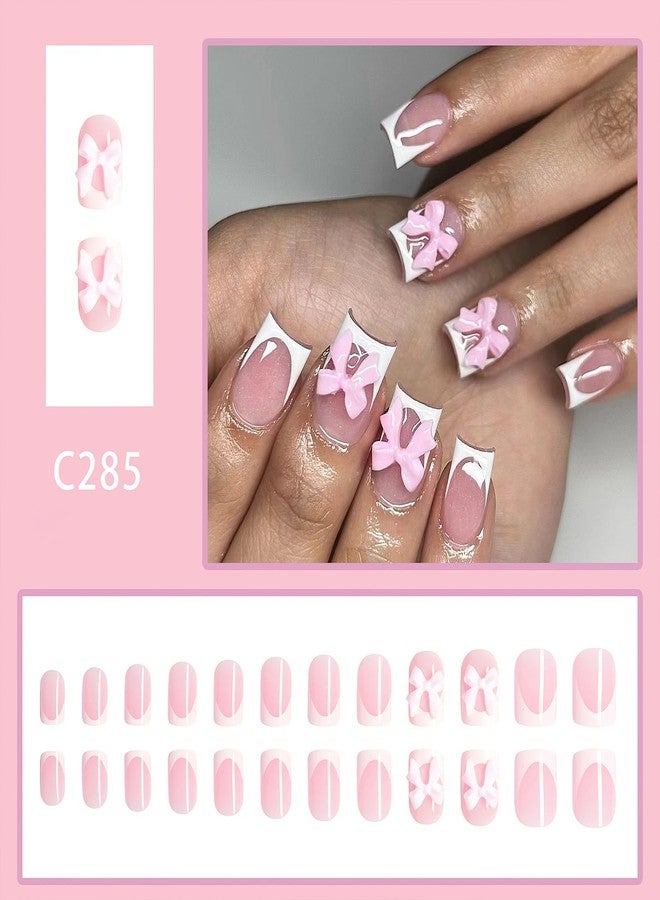 Mkwntg Bows Press on Nails Short Square Fake Nails White French Tip Coffin False Nails with 3D Resin Bow Charm Designs Glossy Nude Pink Full Cover Glue on Nails for Women DIY Manicure Decoration 24Pcs - Image 2