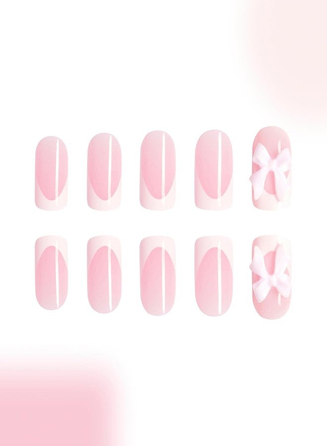 Mkwntg Bows Press on Nails Short Square Fake Nails White French Tip Coffin False Nails with 3D Resin Bow Charm Designs Glossy Nude Pink Full Cover Glue on Nails for Women DIY Manicure Decoration 24Pcs - Image 3