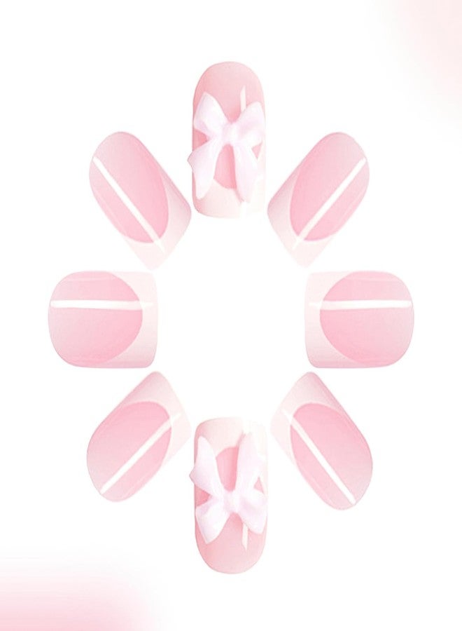 Mkwntg Bows Press on Nails Short Square Fake Nails White French Tip Coffin False Nails with 3D Resin Bow Charm Designs Glossy Nude Pink Full Cover Glue on Nails for Women DIY Manicure Decoration 24Pcs - Image 5