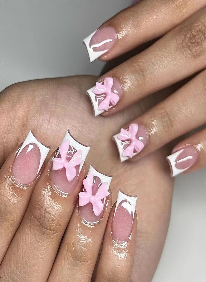 Mkwntg Bows Press on Nails Short Square Fake Nails White French Tip Coffin False Nails with 3D Resin Bow Charm Designs Glossy Nude Pink Full Cover Glue on Nails for Women DIY Manicure Decoration 24Pcs - Image 1