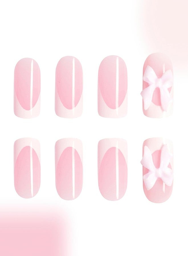 Mkwntg Bows Press on Nails Short Square Fake Nails White French Tip Coffin False Nails with 3D Resin Bow Charm Designs Glossy Nude Pink Full Cover Glue on Nails for Women DIY Manicure Decoration 24Pcs - Image 4