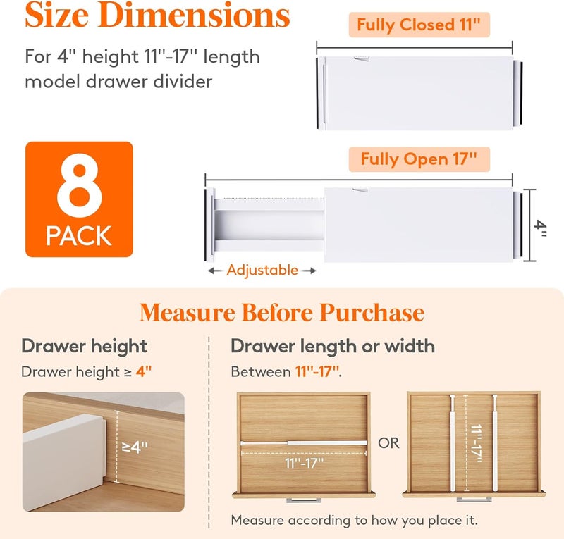 Lifewit 8 Pack Upgrade Drawer Dividers for Clothes, 4" High 11"-17" Adjustable Dresser Drawer Organizers, Expandable White Plastic Drawer Separators for Kitchen, Nursery, Office Organization & Storage - Image 2