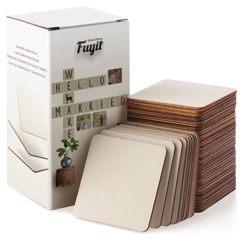 Fuyit Unfinished Wood Pieces 50Pcs 3 x 3 Inch Blank Natural Wood Square Wooden Cutouts Board for DIY Crafts Painting Scrabble Tiles Coasters Decoration