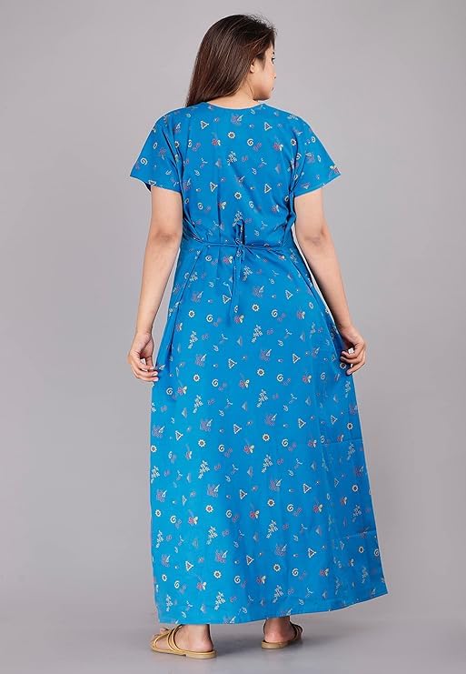 KBNBJ Women’s Cotton Nighty – Jaipuri Rajasthani Printed Maxi Dress with Embroidery & Pockets (Sky Blue, Free Size) - Image 2