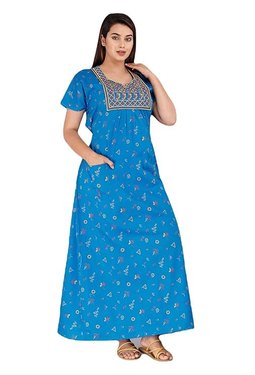 KBNBJ Women’s Cotton Nighty – Jaipuri Rajasthani Printed Maxi Dress with Embroidery & Pockets (Sky Blue, Free Size) - Image 1