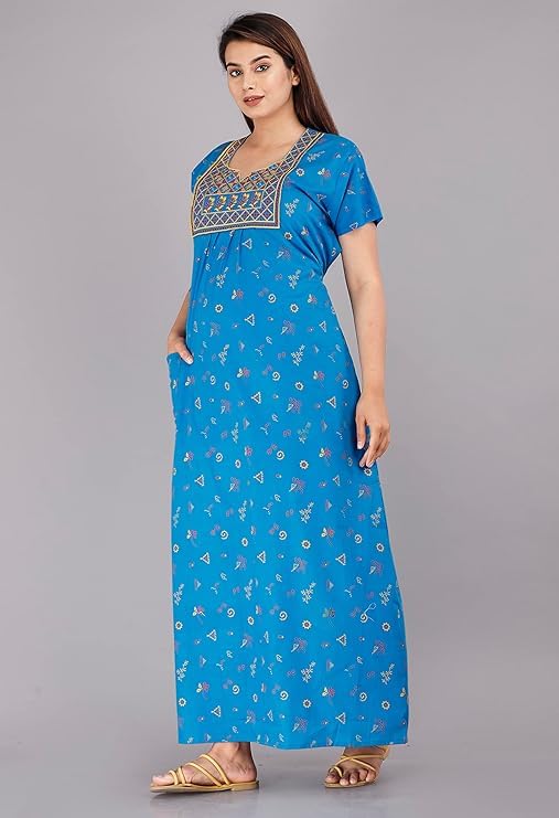 KBNBJ Women’s Cotton Nighty – Jaipuri Rajasthani Printed Maxi Dress with Embroidery & Pockets (Sky Blue, Free Size) - Image 4
