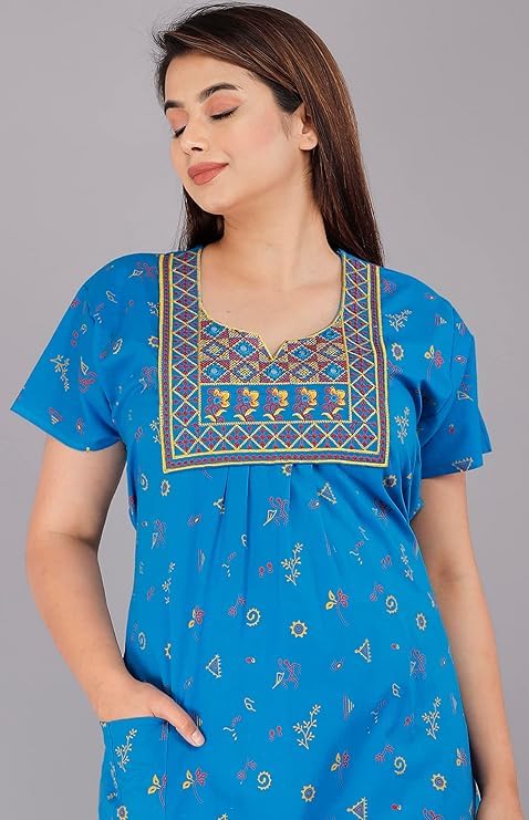 KBNBJ Women’s Cotton Nighty – Jaipuri Rajasthani Printed Maxi Dress with Embroidery & Pockets (Sky Blue, Free Size) - Image 5