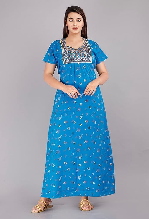 KBNBJ Women’s Cotton Nighty – Jaipuri Rajasthani Printed Maxi Dress with Embroidery & Pockets (Sky Blue, Free Size) - Image 3