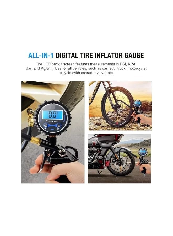 Digital Tire Pressure Gauge with Inflator, 250 PSI Air Chuck and Compressor Accessory, Heavy Duty with Quick Connector, 0.1 Display Resolution, For Cars, SUVs, Trucks, Motorcycles, RVs - Image 4